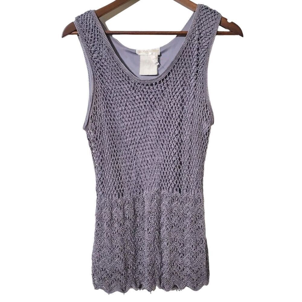 Vintage Crochet Mesh Top Size L Gray Beaded Sleeveless Kathryn Lyndsey Womens